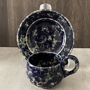 Bennington Potters NewLine Blue Agate Stoneware 6 oz Coffee Cup 5.75" Saucer Set